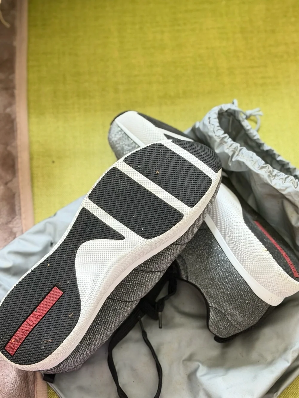 Prada Silver Glitter and Black Lace-Up Sneakers